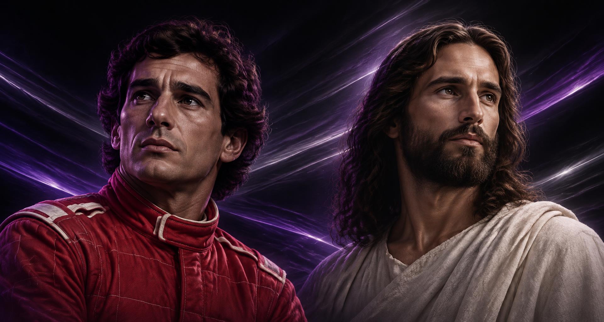 Ilustração estilizada de Ayrton Senna e representação artística de Jesus Cristo, unidos por linhas de luz violeta e prata